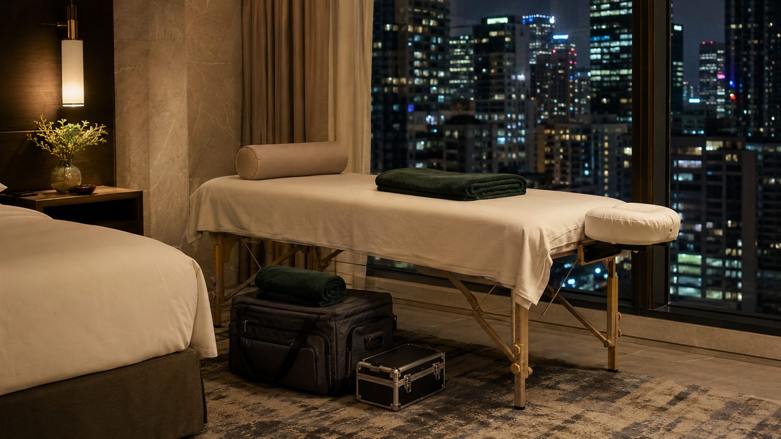Portable massage table set up in a Brisbane hotel room at night