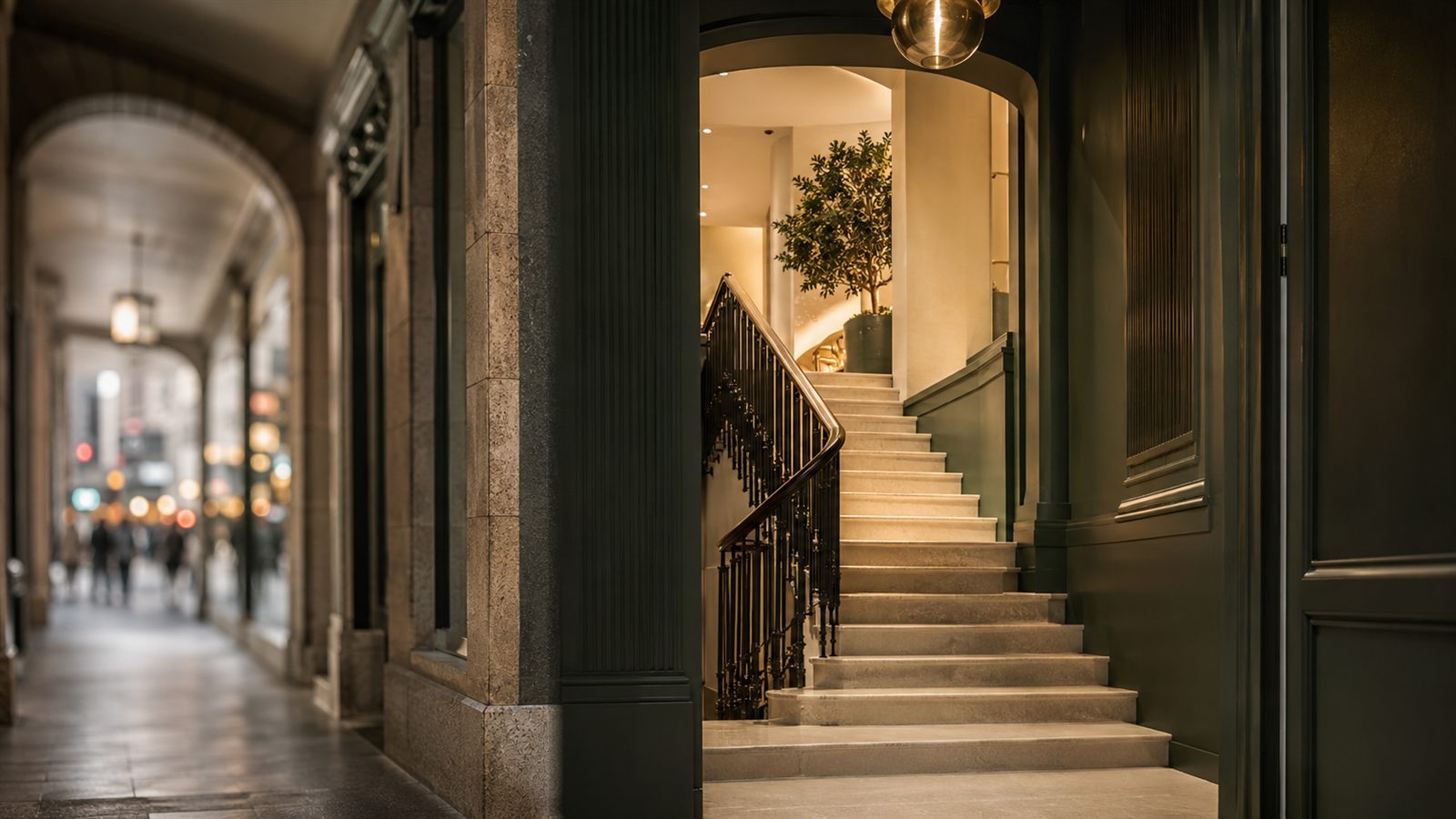 Stairway entrance above the city arcade